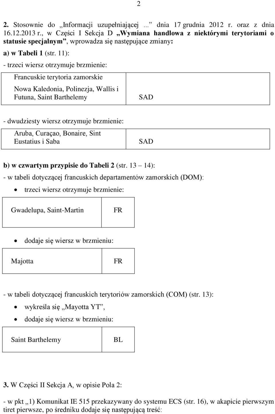 11): - trzeci wiersz otrzymuje brzmienie: Francuskie terytoria zamorskie Nowa Kaledonia, Polinezja, Wallis i Futuna, Saint Barthelemy SAD - dwudziesty wiersz otrzymuje brzmienie: Aruba, Curaçao,