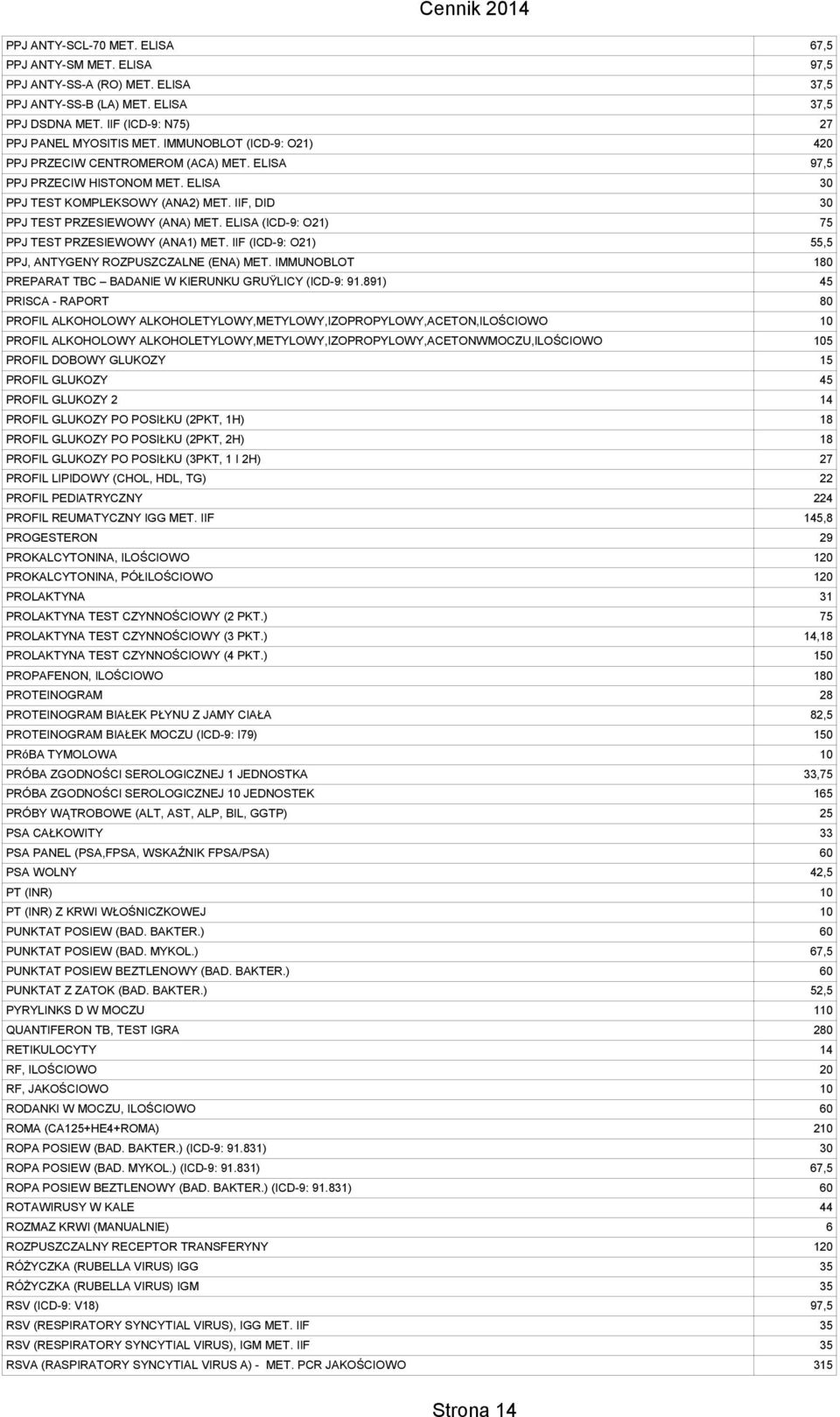 ELISA (ICD-9: O21) 75 PPJ TEST PRZESIEWOWY (ANA1) MET. IIF (ICD-9: O21) 55,5 PPJ, ANTYGENY ROZPUSZCZALNE (ENA) MET. IMMUNOBLOT 180 PREPARAT TBC BADANIE W KIERUNKU GRUŸLICY (ICD-9: 91.