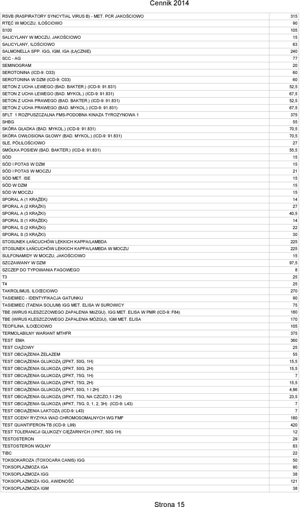 MYKOL.) (ICD-9: 91.831) 67,5 SETON Z UCHA PRAWEGO (BAD. BAKTER.) (ICD-9: 91.831) 52,5 SETON Z UCHA PRAWEGO (BAD. MYKOL.) (ICD-9: 91.831) 67,5 SFLT 1 ROZPUSZCZALNA FMS-PODOBNA KINAZA TYROZYNOWA 1 375 SHBG 55 SKÓRA GŁADKA (BAD.