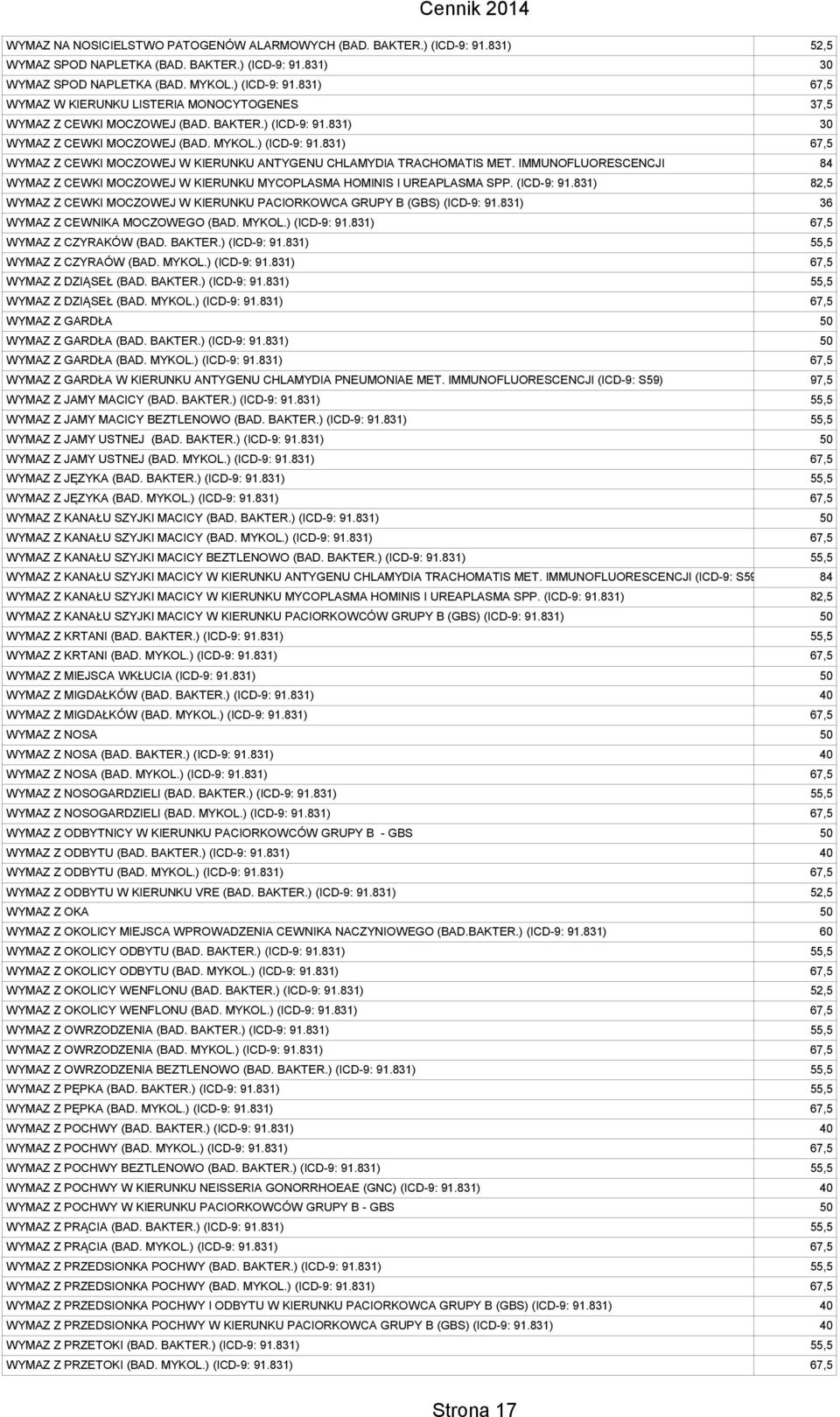 IMMUNOFLUORESCENCJI 84 WYMAZ Z CEWKI MOCZOWEJ W KIERUNKU MYCOPLASMA HOMINIS I UREAPLASMA SPP. (ICD-9: 91.831) 82,5 WYMAZ Z CEWKI MOCZOWEJ W KIERUNKU PACIORKOWCA GRUPY B (GBS) (ICD-9: 91.