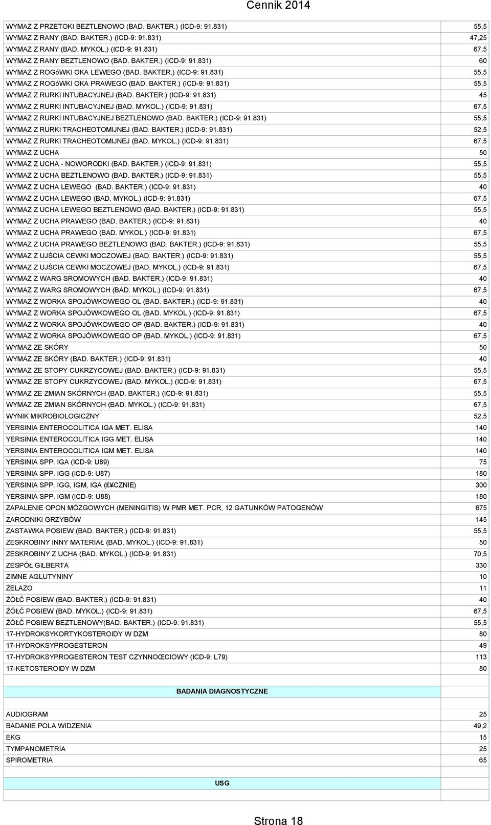 ) (ICD-9: 91.831) 67,5 WYMAZ Z RURKI INTUBACYJNEJ BEZTLENOWO (BAD. BAKTER.) (ICD-9: 91.831) 55,5 WYMAZ Z RURKI TRACHEOTOMIJNEJ (BAD. BAKTER.) (ICD-9: 91.831) 52,5 WYMAZ Z RURKI TRACHEOTOMIJNEJ (BAD.