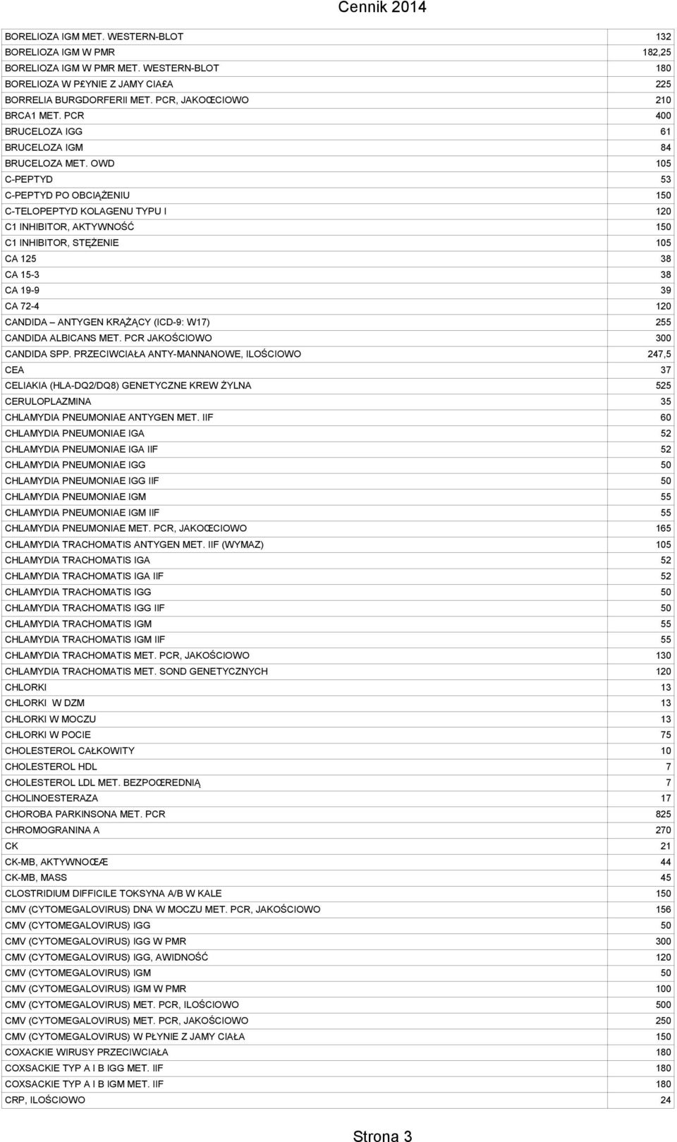 OWD 105 C-PEPTYD 53 C-PEPTYD PO OBCIĄŻENIU 150 C-TELOPEPTYD KOLAGENU TYPU I 120 C1 INHIBITOR, AKTYWNOŚĆ 150 C1 INHIBITOR, STĘŻENIE 105 CA 125 38 CA 15-3 38 CA 19-9 39 CA 72-4 120 CANDIDA ANTYGEN