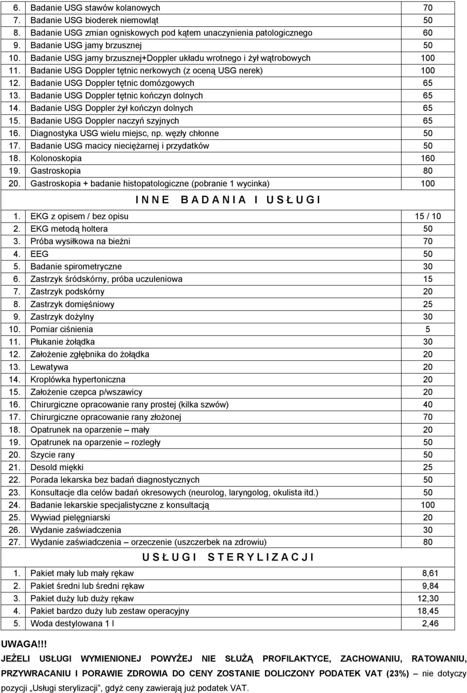 Badanie USG Doppler tętnic kończyn dolnych 65 14. Badanie USG Doppler żył kończyn dolnych 65 15. Badanie USG Doppler naczyń szyjnych 65 16. Diagnostyka USG wielu miejsc, np. węzły chłonne 50 17.