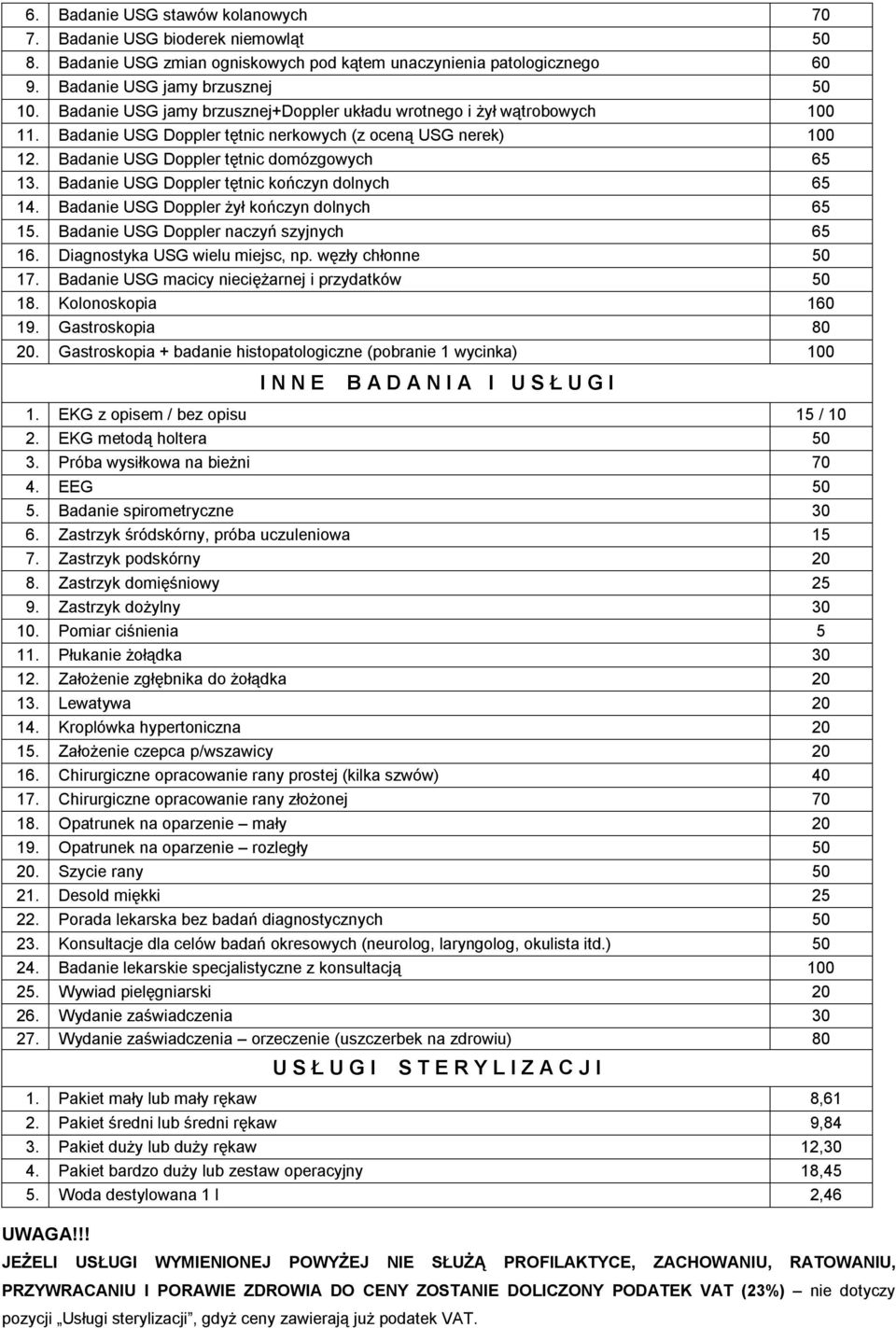 Badanie USG Doppler tętnic kończyn dolnych 65 14. Badanie USG Doppler żył kończyn dolnych 65 15. Badanie USG Doppler naczyń szyjnych 65 16. Diagnostyka USG wielu miejsc, np. węzły chłonne 50 17.