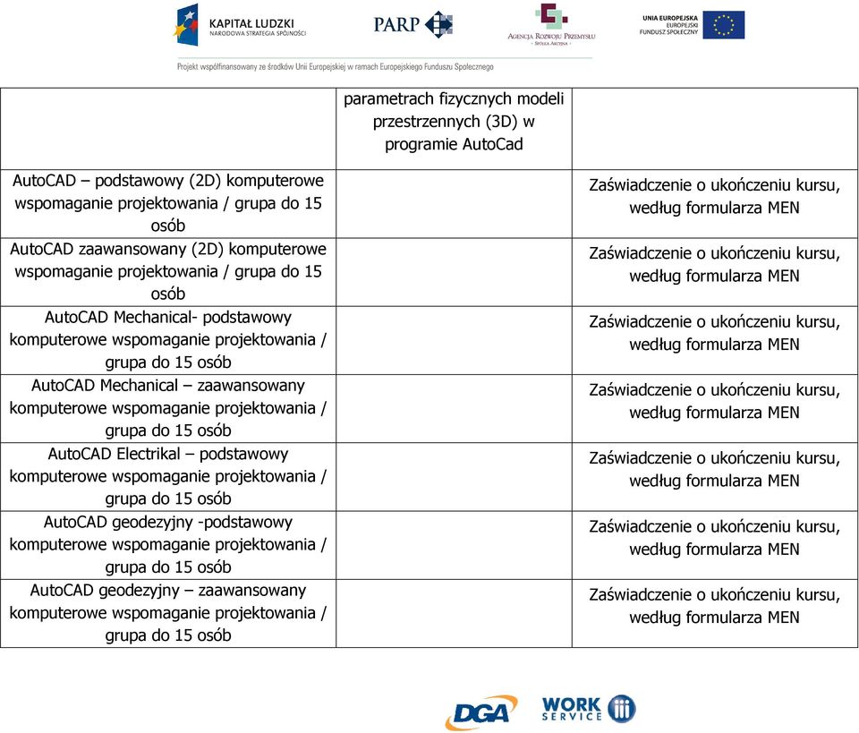 AutoCAD Mechanical zaawansowany komputerowe wspomaganie projektowania / grupa do 15 osób AutoCAD Electrikal podstawowy komputerowe wspomaganie projektowania / grupa do