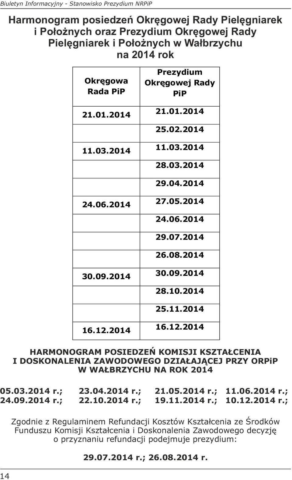 2014 25.11.2014 16.12.2014 16.12.2014 HARMONOGRAM POSIEDZEŃ KOMISJI KSZTAŁCENIA I DOSKONALENIA ZAWODOWEGO DZIAŁAJĄCEJ PRZY ORPiP W WAŁBRZYCHU NA ROK 2014 05.03.2014 r.; 23.04.2014 r.; 21.05.2014 r.; 11.