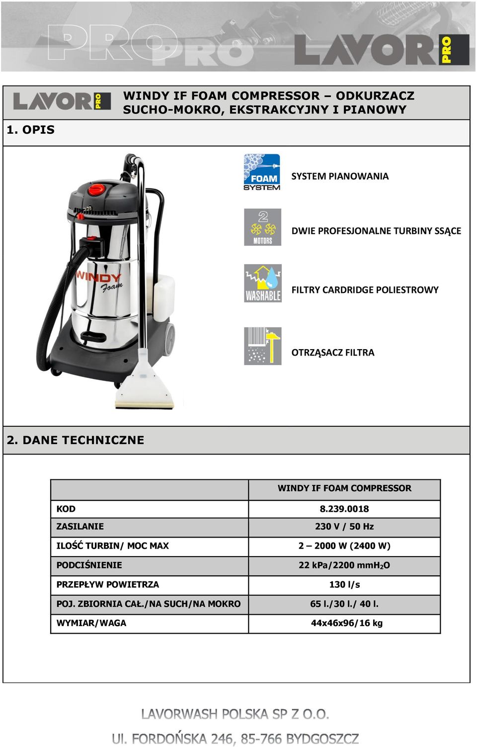 DANE TECHNICZNE WINDY IF FOAM COMPRESSOR KOD 8.239.