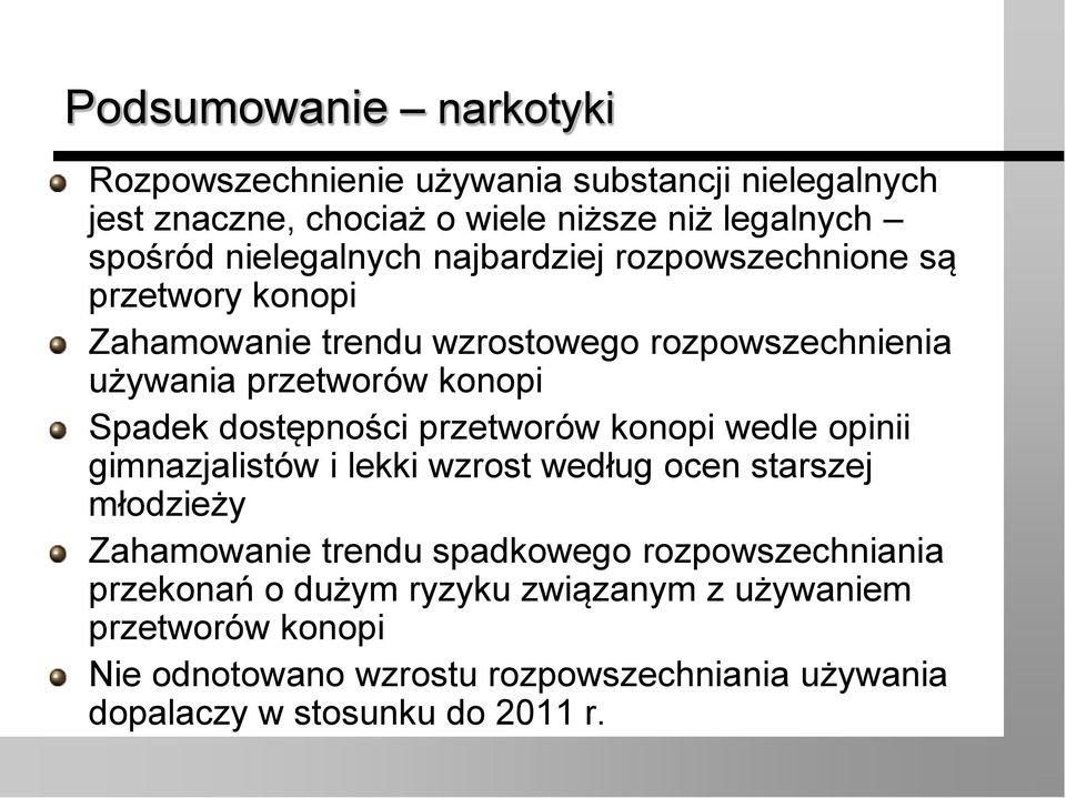 Spadek dostępności przetworów konopi wedle opinii gimnazjalistów i lekki wzrost według ocen starszej młodzieży Zahamowanie trendu spadkowego