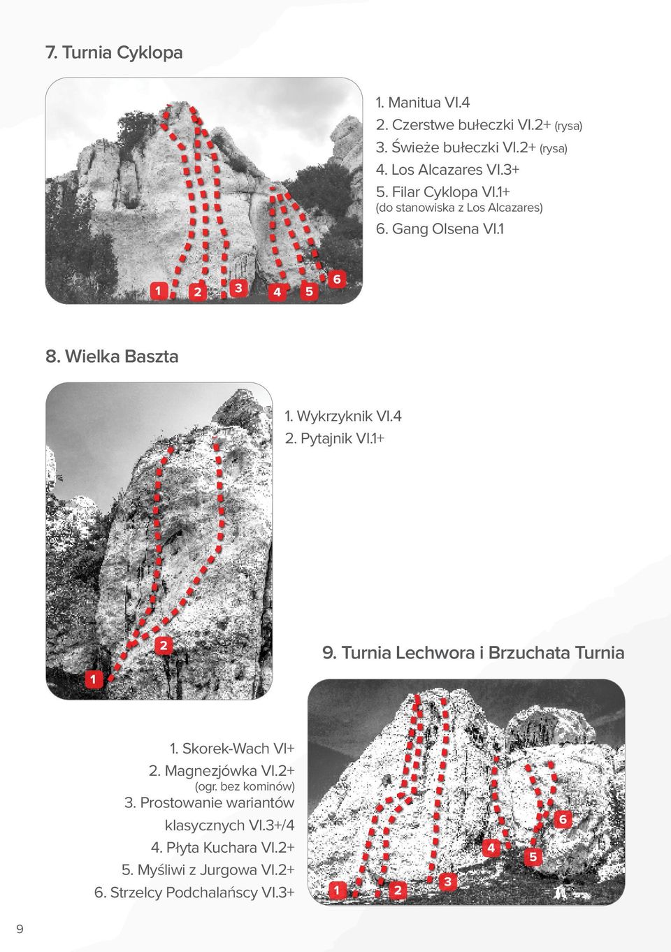 Wykrzyknik VI.4 2. Pytajnik VI.1+ 9. Turnia Lechwora i Brzuchata Turnia 1. Skorek-Wach VI+ 2. Magnezjówka VI.2+ (ogr.