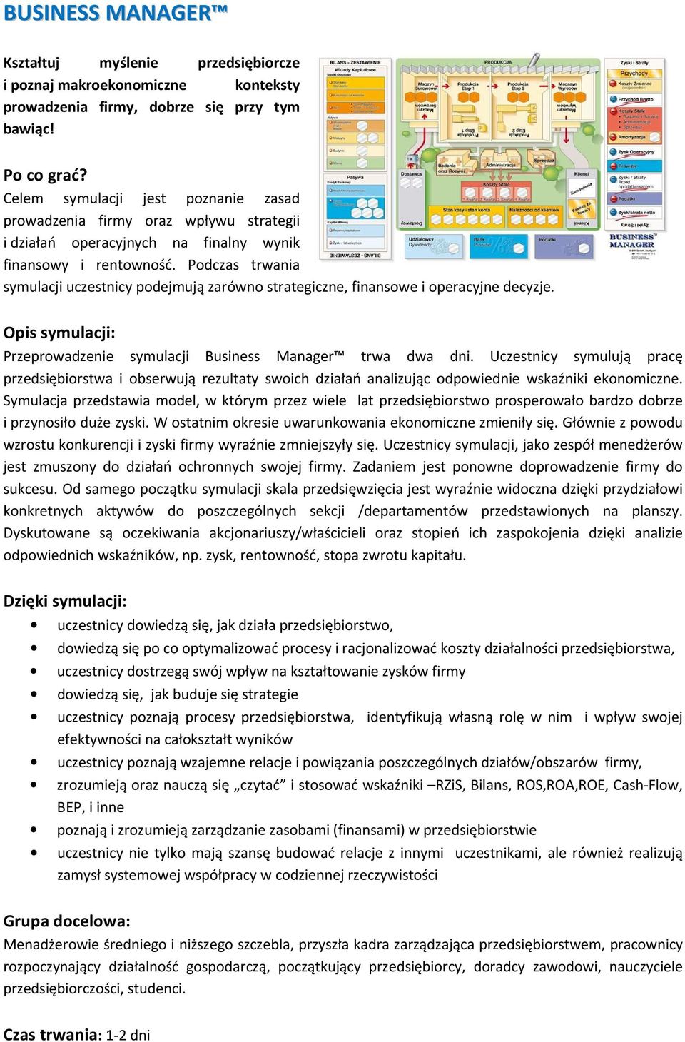 Podczas trwania symulacji uczestnicy podejmują zarówno strategiczne, finansowe i operacyjne decyzje. Opis symulacji: Przeprowadzenie symulacji Business Manager trwa dwa dni.