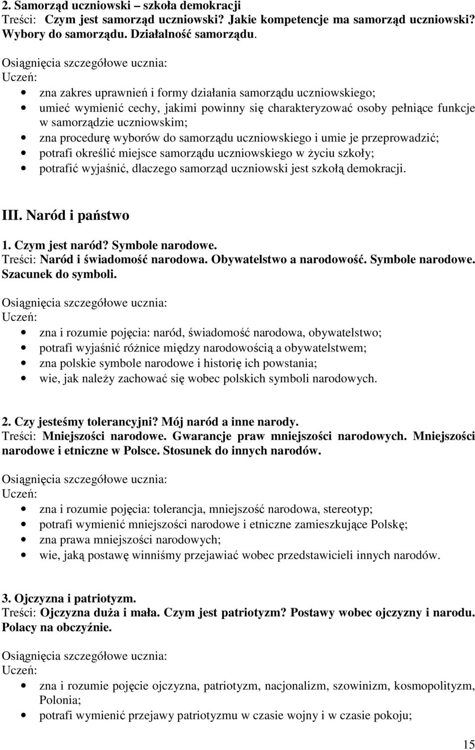 samorządu uczniowskiego i umie je przeprowadzić; potrafi określić miejsce samorządu uczniowskiego w Ŝyciu szkoły; potrafić wyjaśnić, dlaczego samorząd uczniowski jest szkołą demokracji. III.