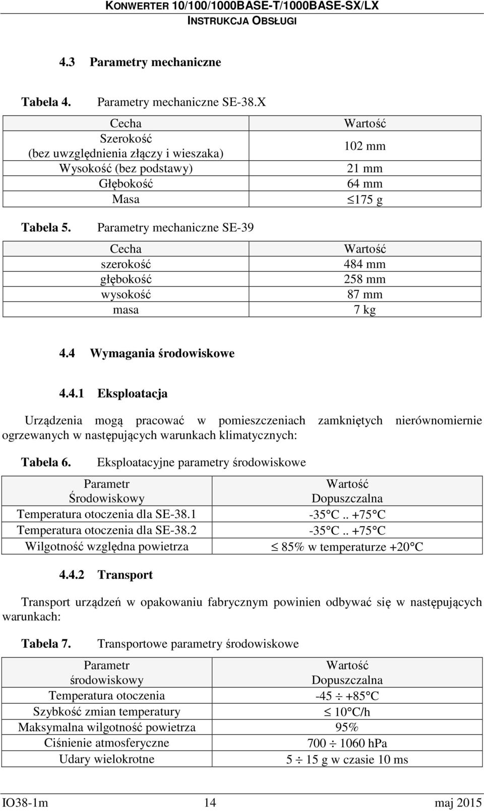 Parametry mechaniczne SE-39 Cecha szerokość głębokość wysokość masa Wartość 48