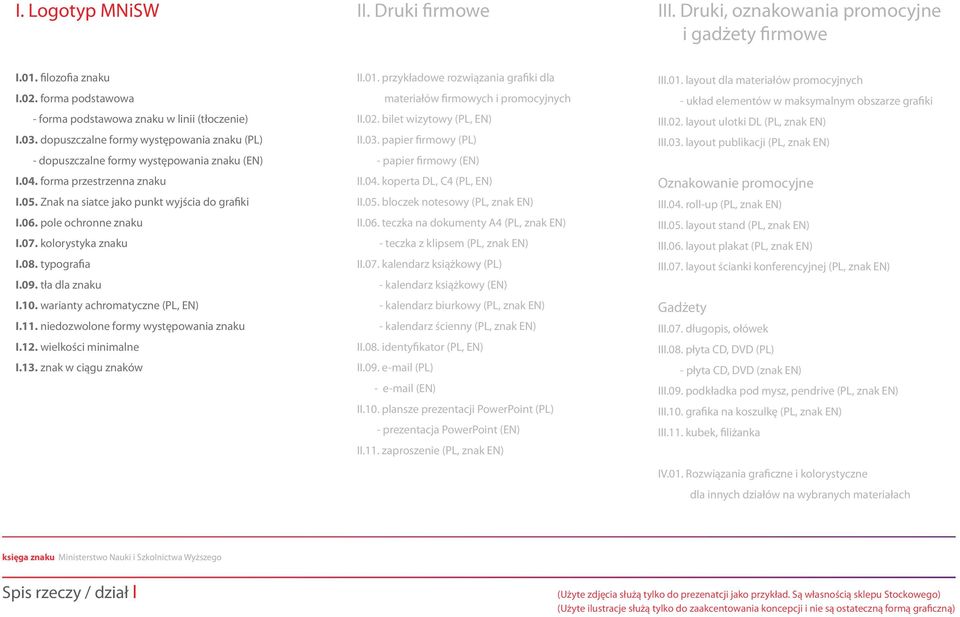 07. kolorystyka znaku I.08. typografia I.09. tła dla znaku I.10. warianty achromatyczne (PL, EN) I.11. niedozwolone formy występowania znaku I.12. wielkości minimalne I.13. znak w ciągu znaków II.01.