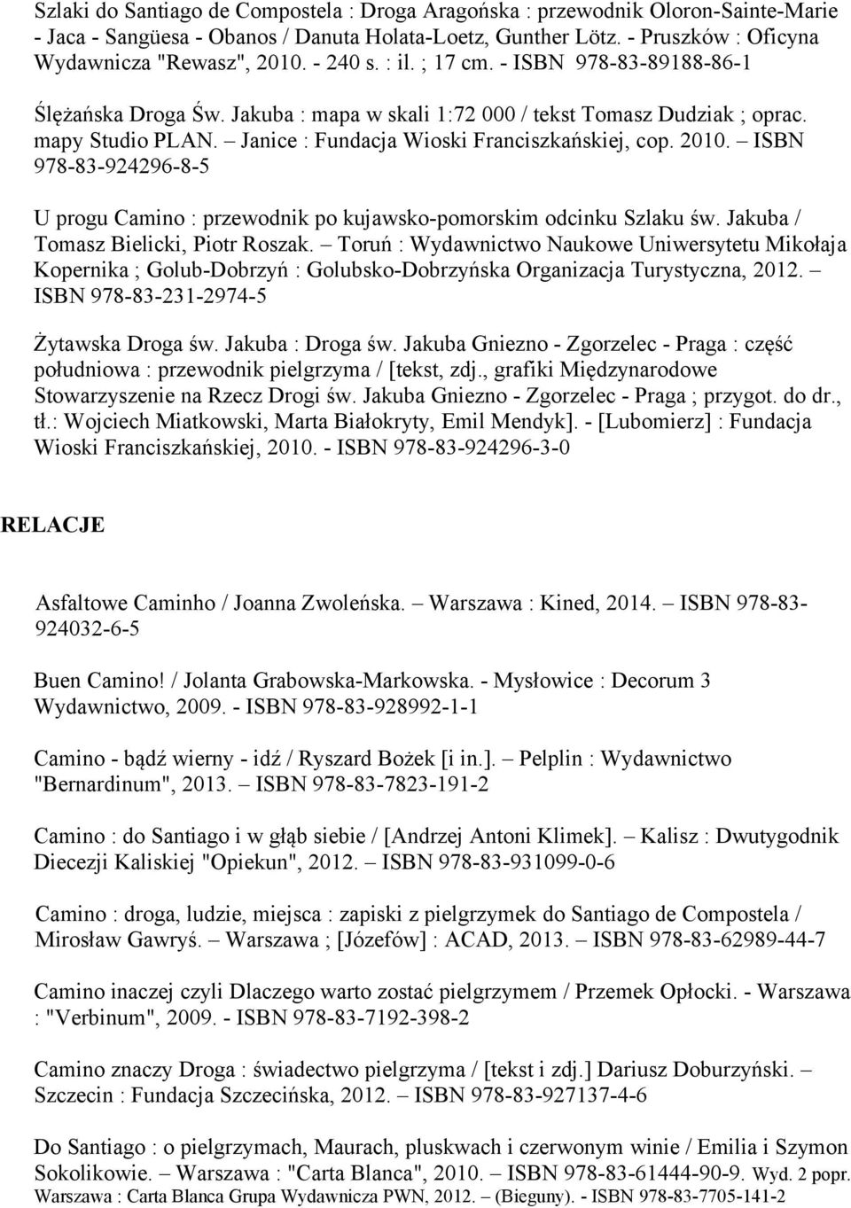 2010. ISBN 978-83-924296-8-5 U progu Camino : przewodnik po kujawsko-pomorskim odcinku Szlaku św. Jakuba / Tomasz Bielicki, Piotr Roszak.