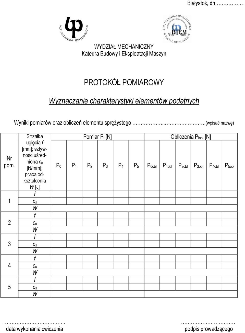 1 2 3 4 5 Strzałka ugięcia [mm]; sztywnośc uśredniona c s [N/mm]; praca odkształcenia [J] cs cs cs cs cs Pomiar