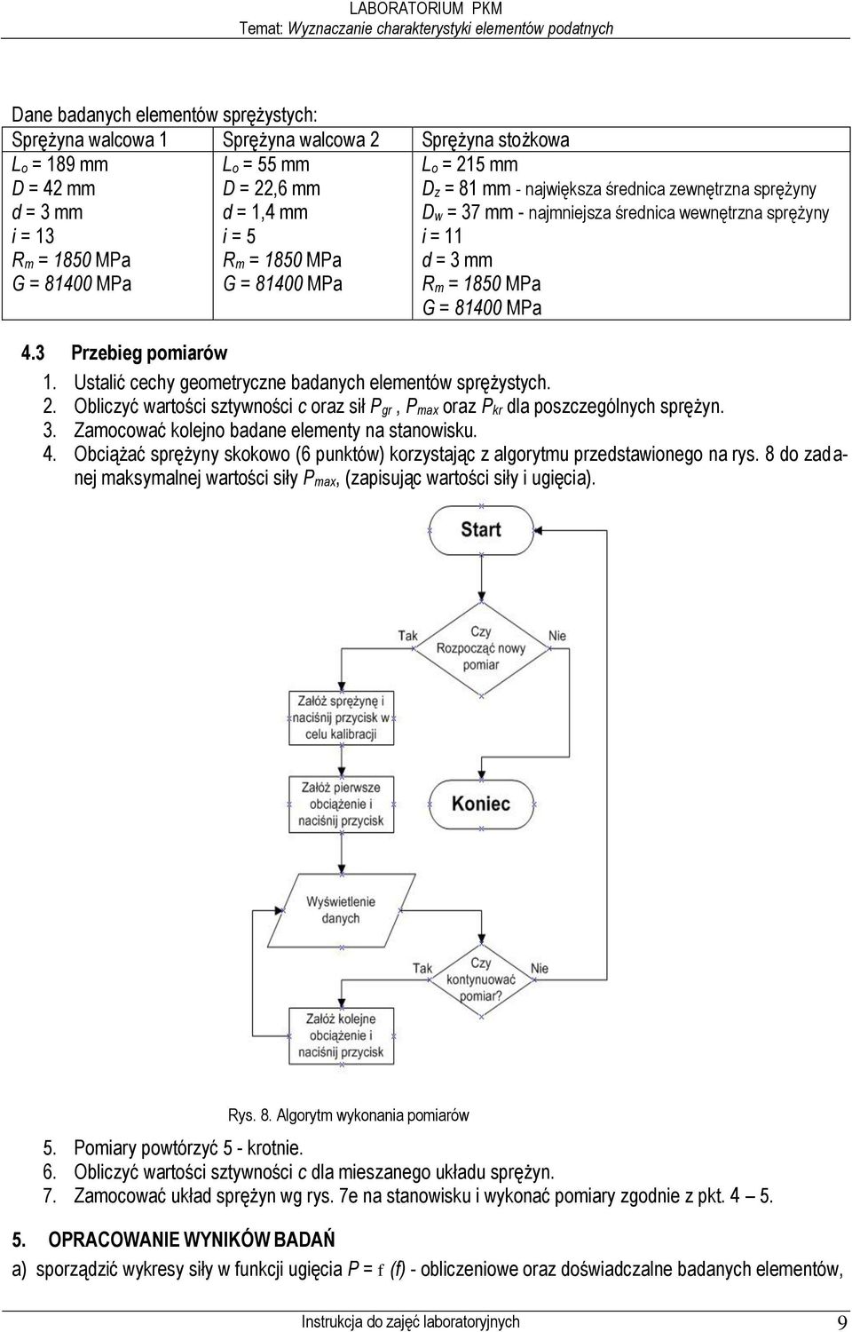 3 Przebieg pomiarów 1. Ustalić cechy geometryczne badanych elementów sprężystych. 2. Obliczyć wartości sztywności c oraz sił Pgr, Pmax oraz Pkr dla poszczególnych sprężyn. 3.