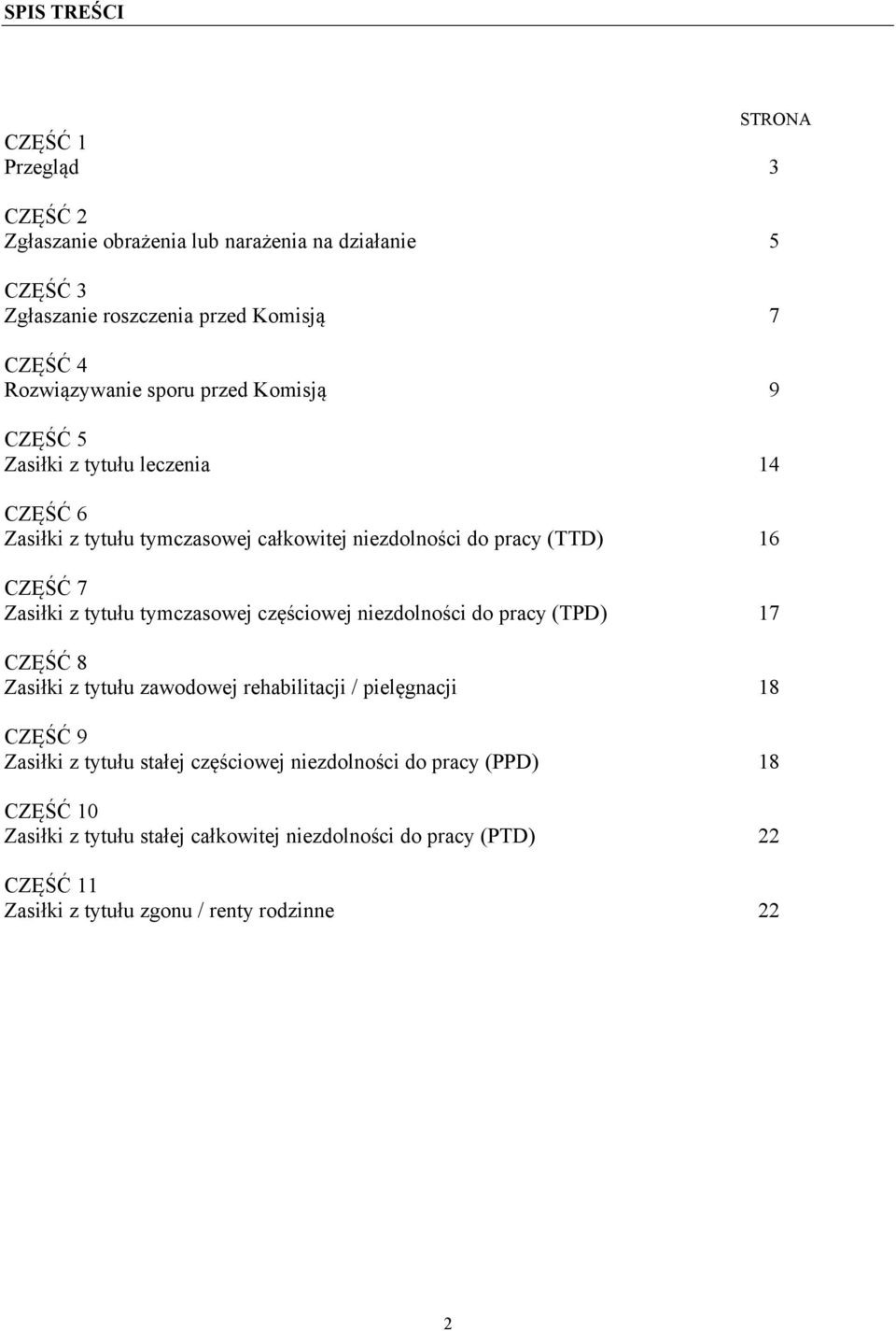 Zasiłki z tytułu tymczasowej częściowej niezdolności do pracy (TPD) 17 CZĘŚĆ 8 Zasiłki z tytułu zawodowej rehabilitacji / pielęgnacji 18 CZĘŚĆ 9 Zasiłki z tytułu