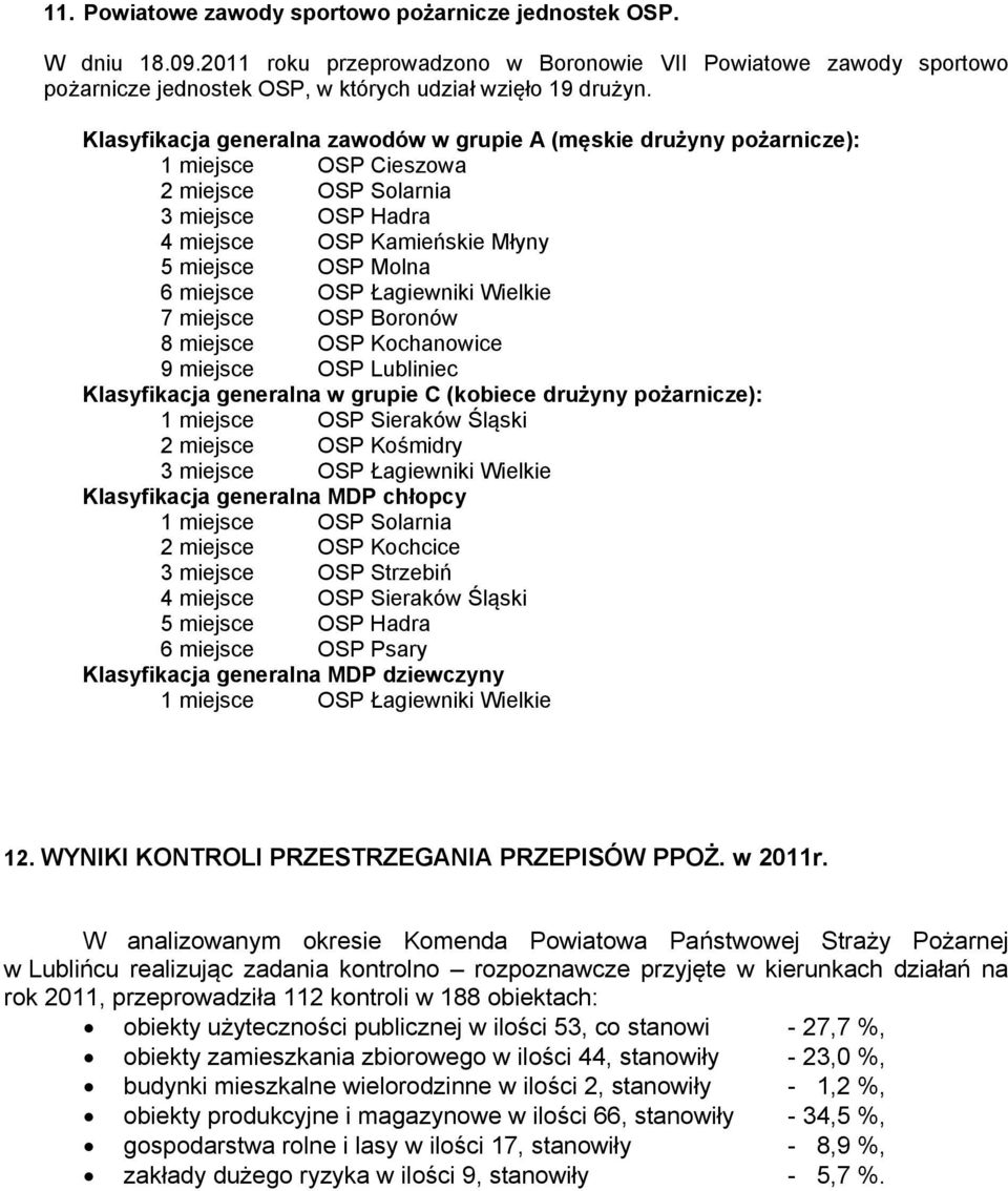 OSP Łagiewniki Wielkie 7 miejsce OSP Boronów 8 miejsce OSP Kochanowice 9 miejsce OSP Lubliniec Klasyfikacja generalna w grupie C (kobiece drużyny pożarnicze): 1 miejsce OSP Sieraków Śląski 2 miejsce