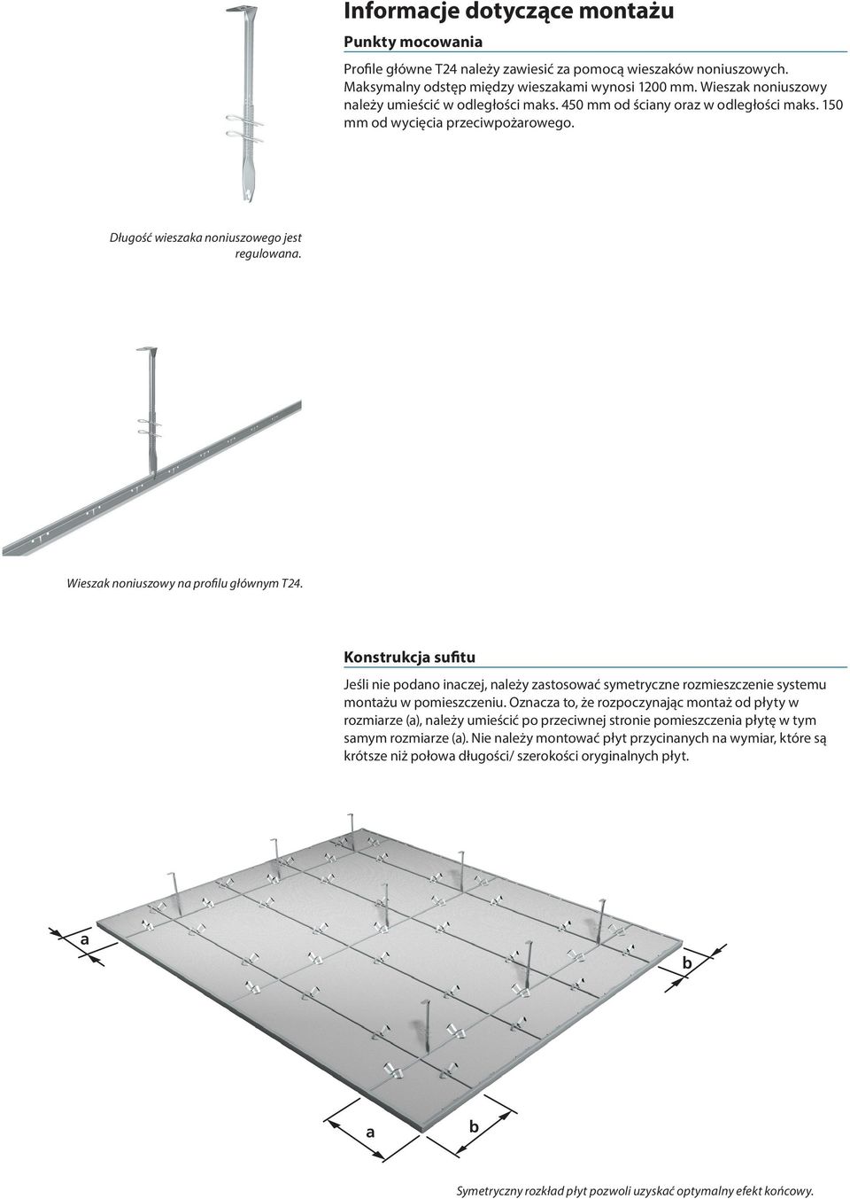 Wieszak noniuszowy na profilu głównym T24. Konstrukcja sufitu Jeśli nie podano inaczej, należy zastosować symetryczne rozmieszczenie systemu montażu w pomieszczeniu.