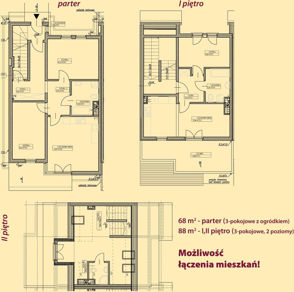 m 2 - I,II piętro (3-pokojowe, 2