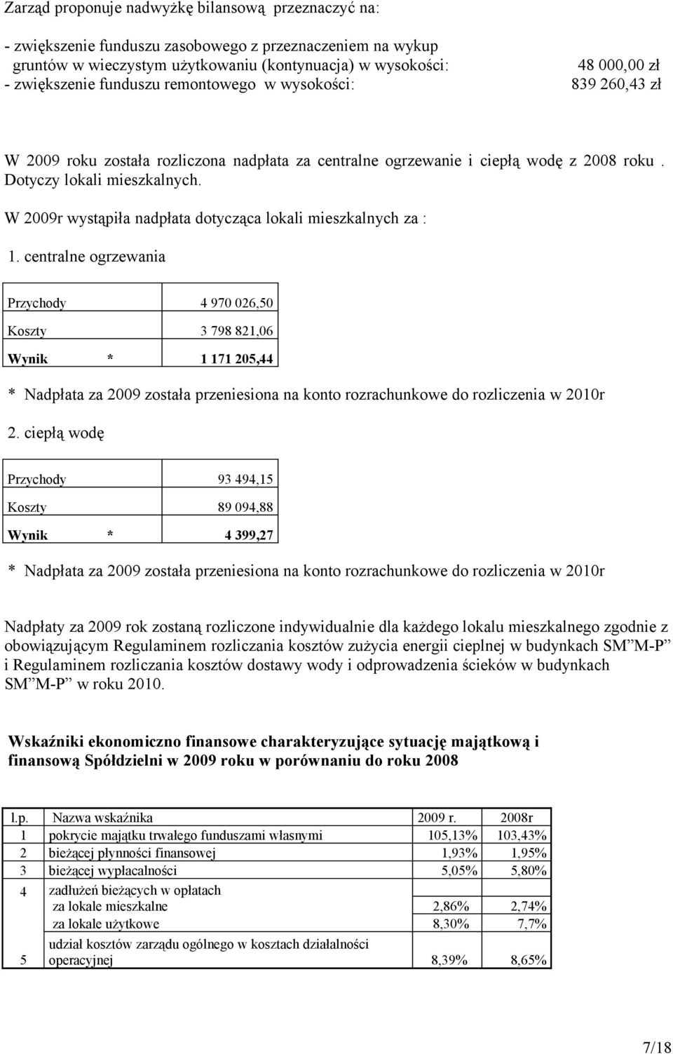 W 2009r wystąpiła nadpłata dotycząca lokali mieszkalnych za : 1.