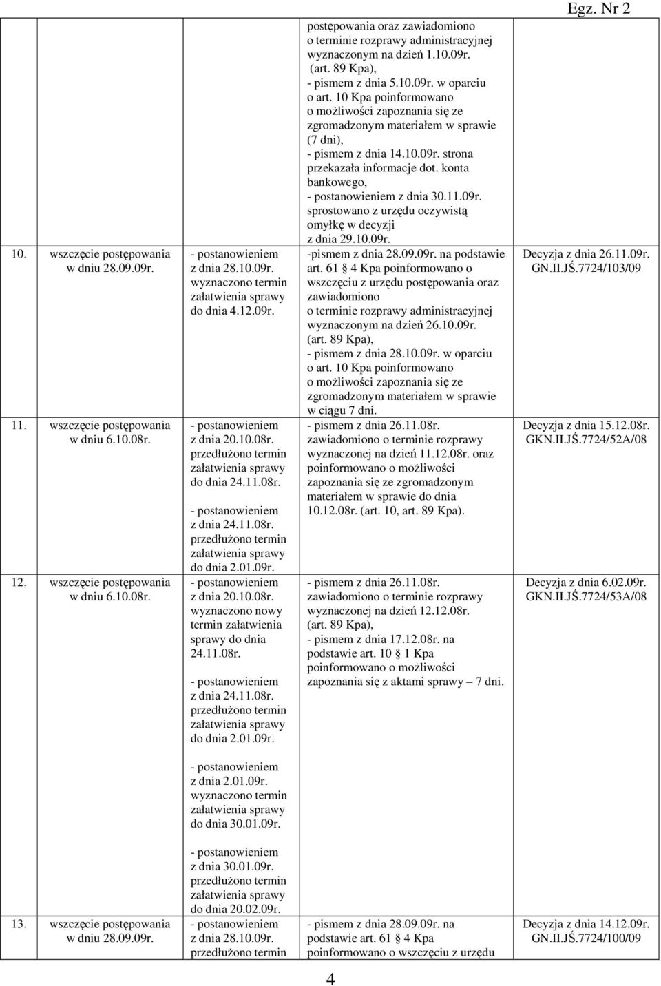 10.09r. (art. 89 Kpa), - pismem z dnia 5.10.09r. w oparciu o art. 10 Kpa poinformowano o możliwości zapoznania się ze zgromadzonym materiałem w sprawie (7 dni), - pismem z dnia 14.10.09r. strona przekazała informacje dot.