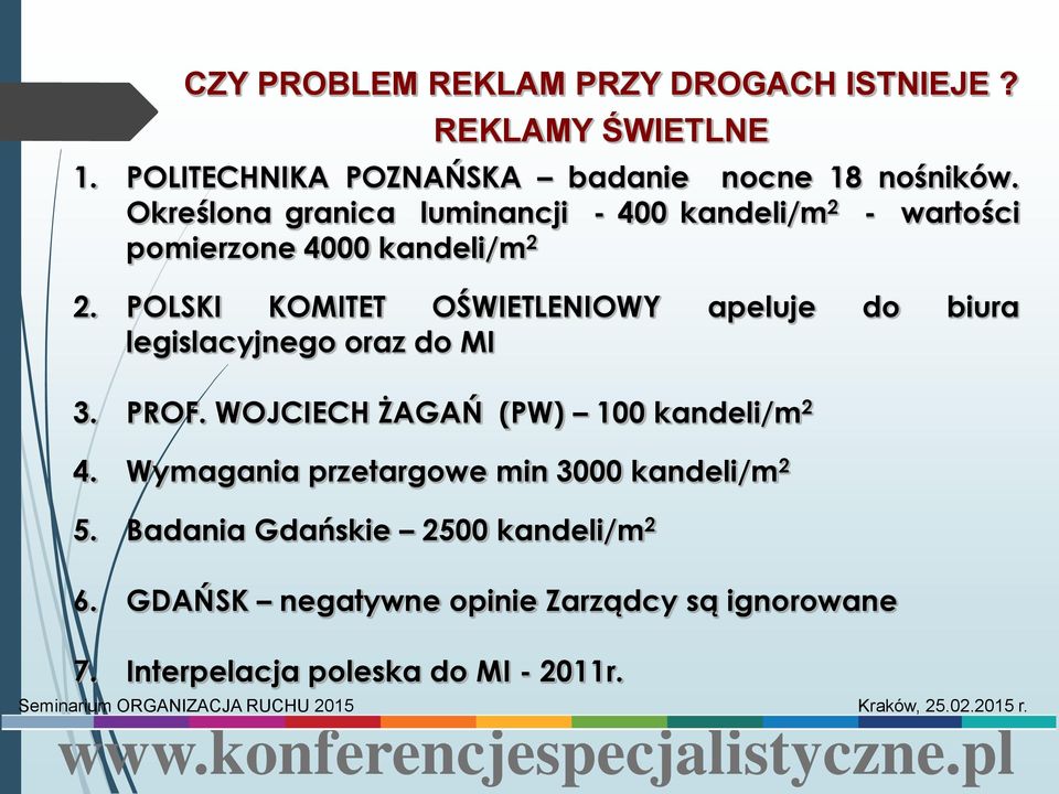 POLSKI KOMITET OŚWIETLENIOWY apeluje do biura legislacyjnego oraz do MI 3. PROF. WOJCIECH ŻAGAŃ (PW) 100 kandeli/m 2 4.