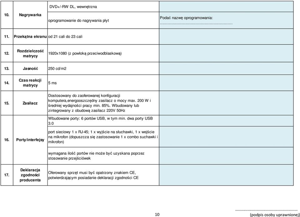 Zasilacz Dostosowany do zaoferowanej konfiguracji komputera,energooszczędny zasilacz o mocy max. 200 W i średniej wydajności pracy min. 85%. Wbudowany lub zintegrowany z obudową zasilacz 220V 50Hz 16.