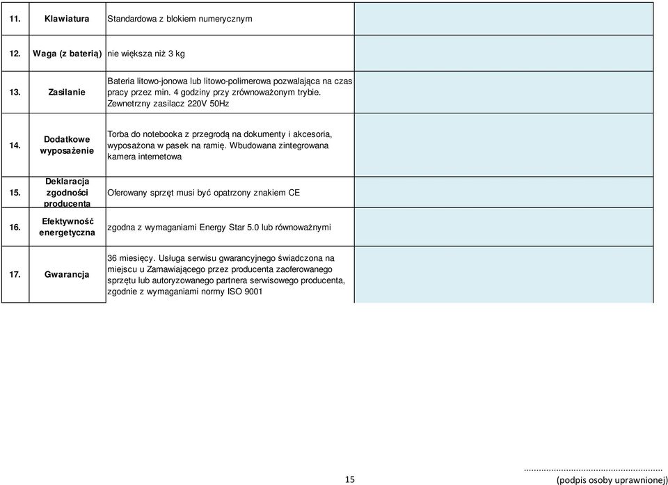 Wbudowana zintegrowana kamera internetowa 15. 16. Deklaracja zgodności producenta Efektywność energetyczna Oferowany sprzęt musi być opatrzony znakiem CE zgodna z wymaganiami Energy Star 5.