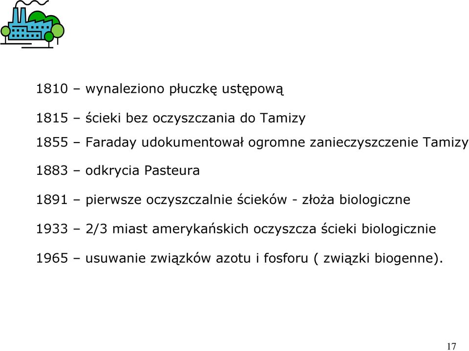 pierwsze oczyszczalnie ścieków - złoŝa biologiczne 1933 2/3 miast amerykańskich