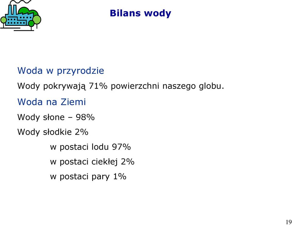 Woda na Ziemi Wody słone 98% Wody słodkie 2%