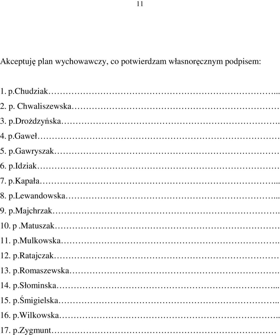 p.lewandowska... 9. p.majchrzak. 10. p.matuszak 11. p.mulkowska. 12. p.ratajczak 13. p.romaszewska.