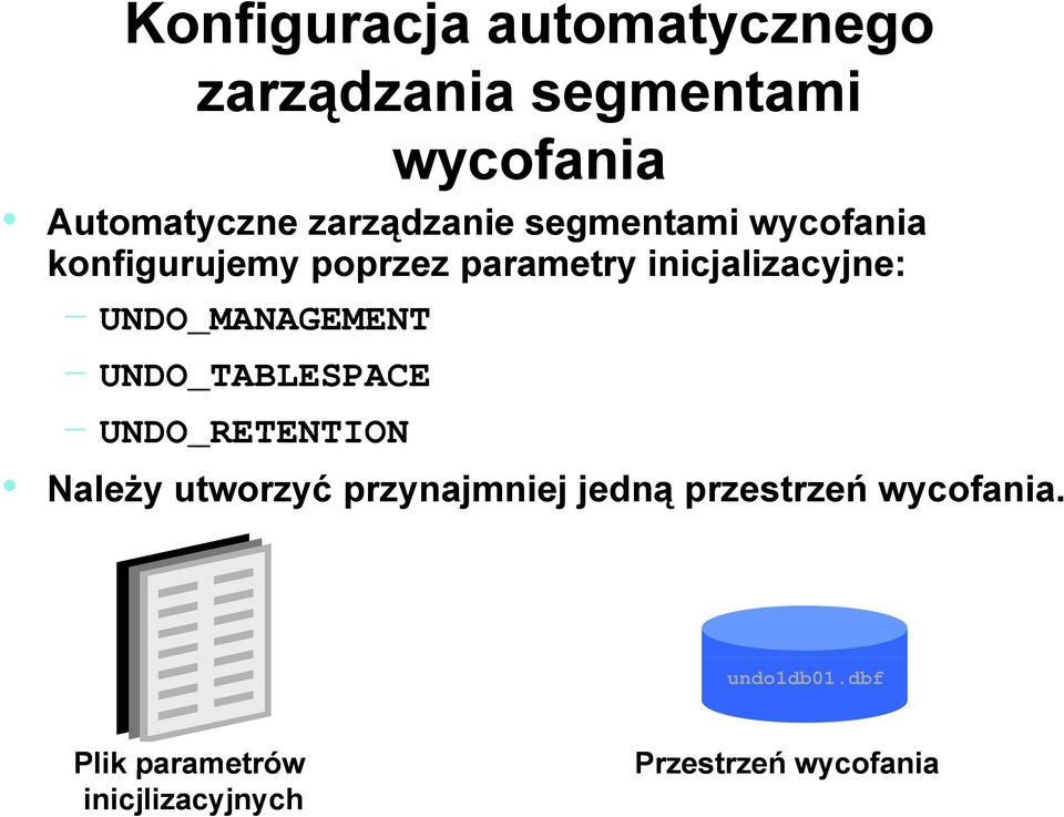 UNDO_MANAGEMENT UNDO_TABLESPACE UNDO_RETENTION Należy utworzyć przynajmniej jedną