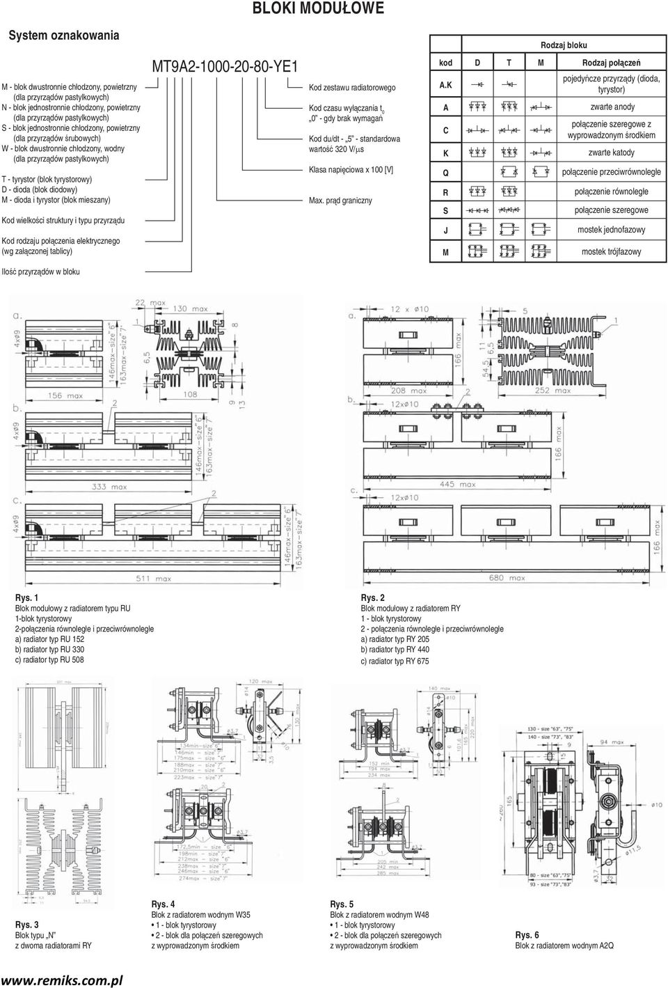 tyrystor (blok mieszany) Kod wielkości struktury i typu przyrządu Kod rodzaju połączenia elektrycznego (wg załączonej tablicy) MT9-1000-20-80-YE1 Kod zestawu radiatorowego Kod czasu wyłączania t 0 0