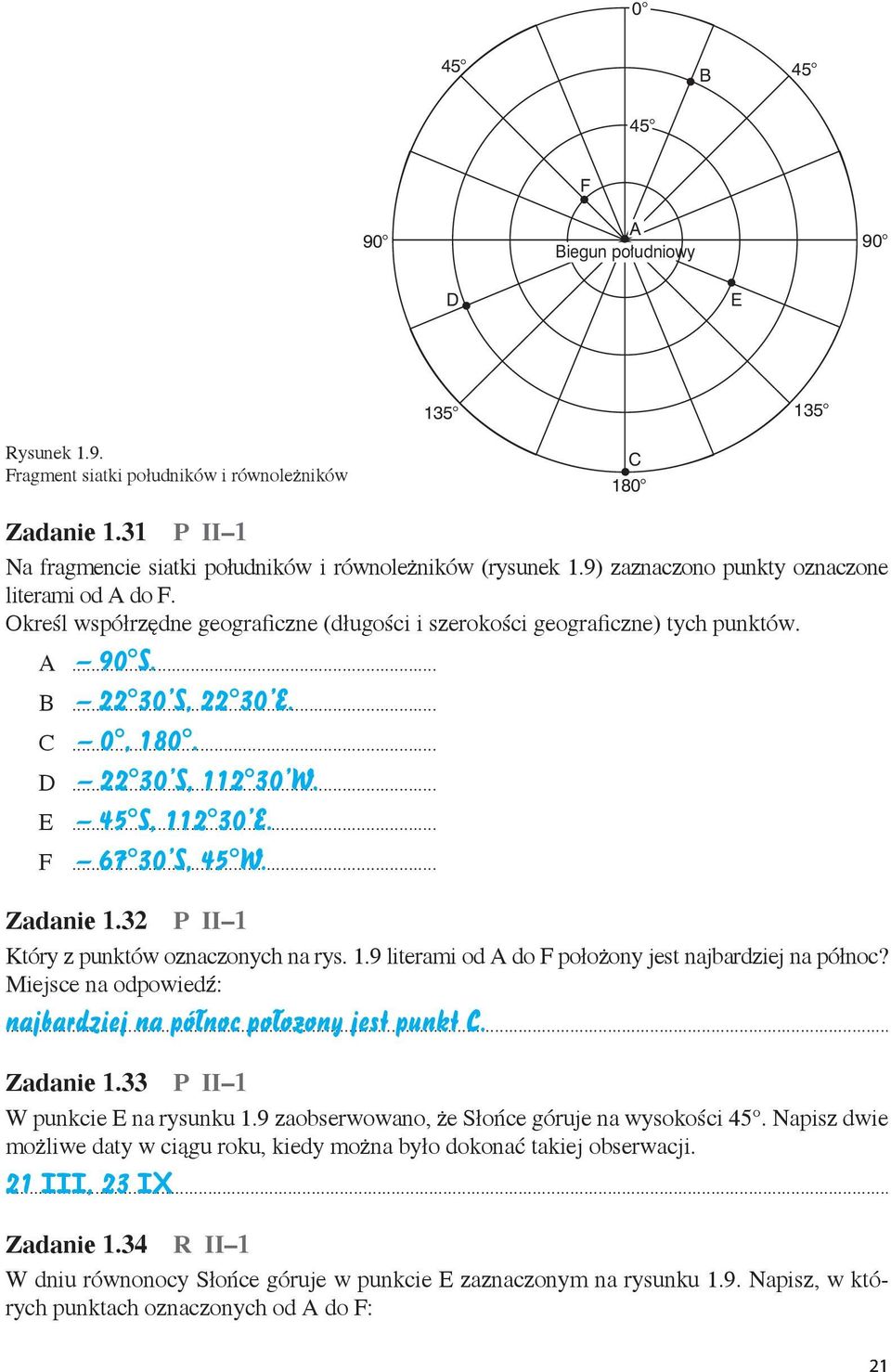 .. 22 30 S, 112 30 W. E... 45 S, 112 30 E. F... 67 30 S, 45 W. Zadanie 1.32 P II 1 Który z punktów oznaczonych na rys. 1.9 literami od A do F położony jest najbardziej na północ?