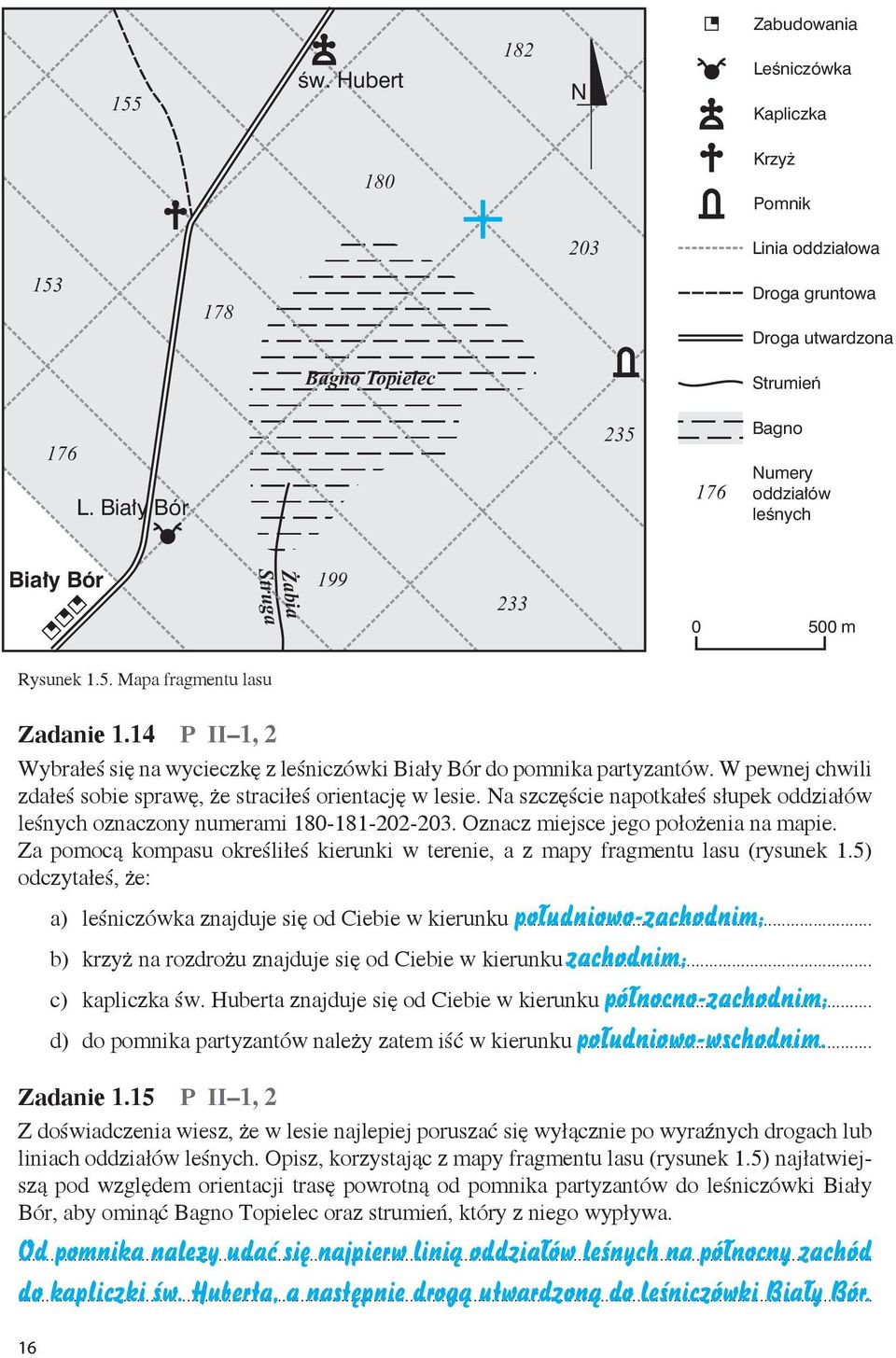 14 P II 1, 2 Wybrałeś się na wycieczkę z leśniczówki Biały Bór do pomnika partyzantów. W pewnej chwili zdałeś sobie sprawę, że straciłeś orientację w lesie.