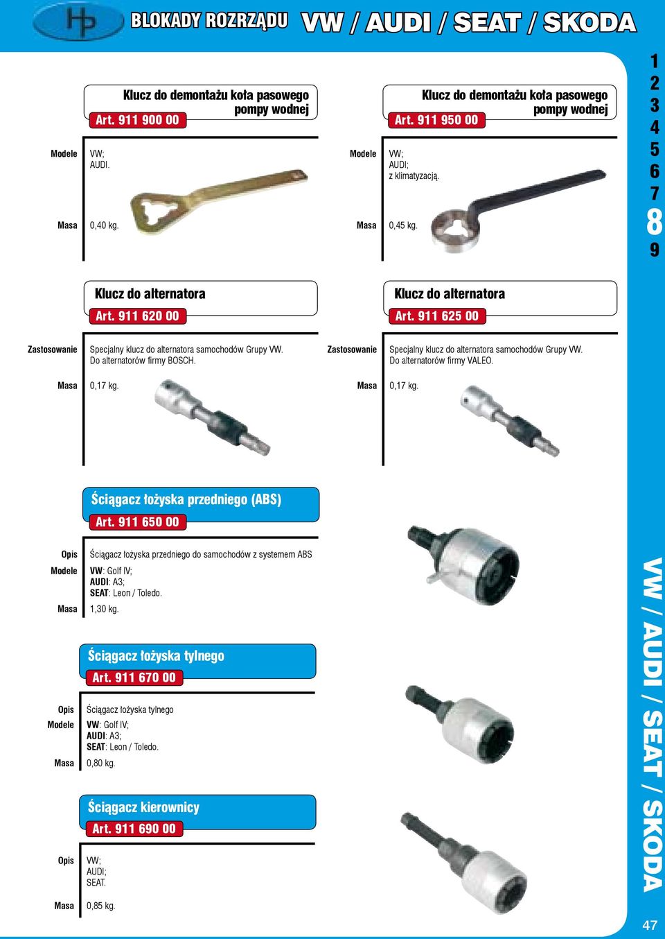 Zastosowanie Specjalny klucz do alternatora samochodów Grupy VW. Do alternatorów fi rmy VALEO. 0, kg. 0, kg. Ściągacz łożyska przedniego (ABS) Art.