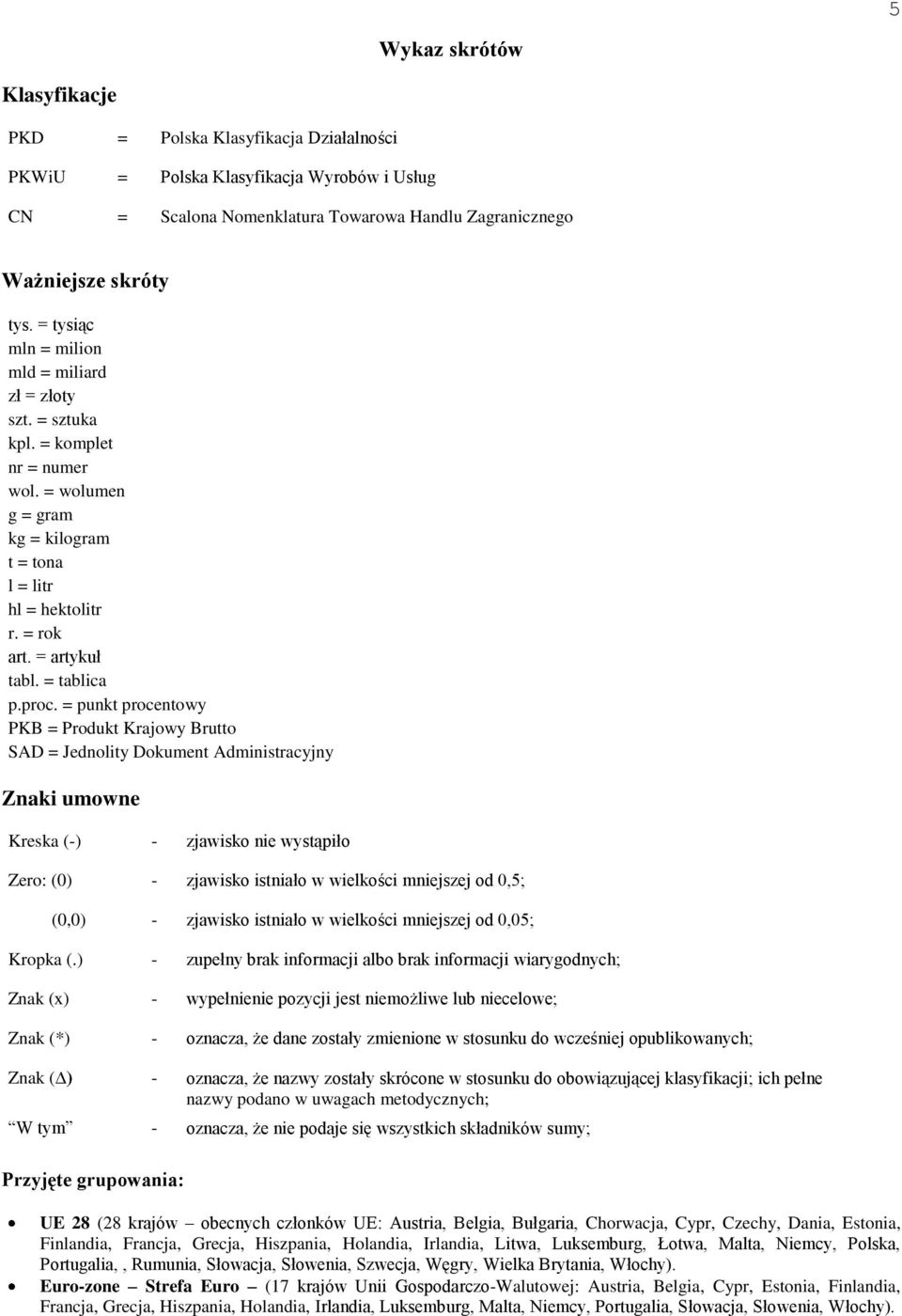 proc. = punkt procentowy PKB = Produkt Krajowy Brutto SAD = Jednolity Dokument Administracyjny Znaki umowne Kreska (-) - zjawisko nie wystąpiło Zero: (0) - zjawisko istniało w wielkości mniejszej od