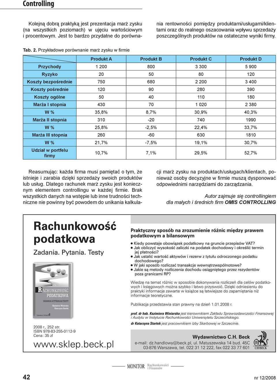 Przykładowe porównanie marż zysku w firmie Produkt A Produkt B Produkt C Produkt D Przychody 1 200 800 3 300 5 900 Ryzyko 20 50 80 120 Koszty bezpośrednie 750 680 2 200 3 400 Koszty pośrednie 120 90