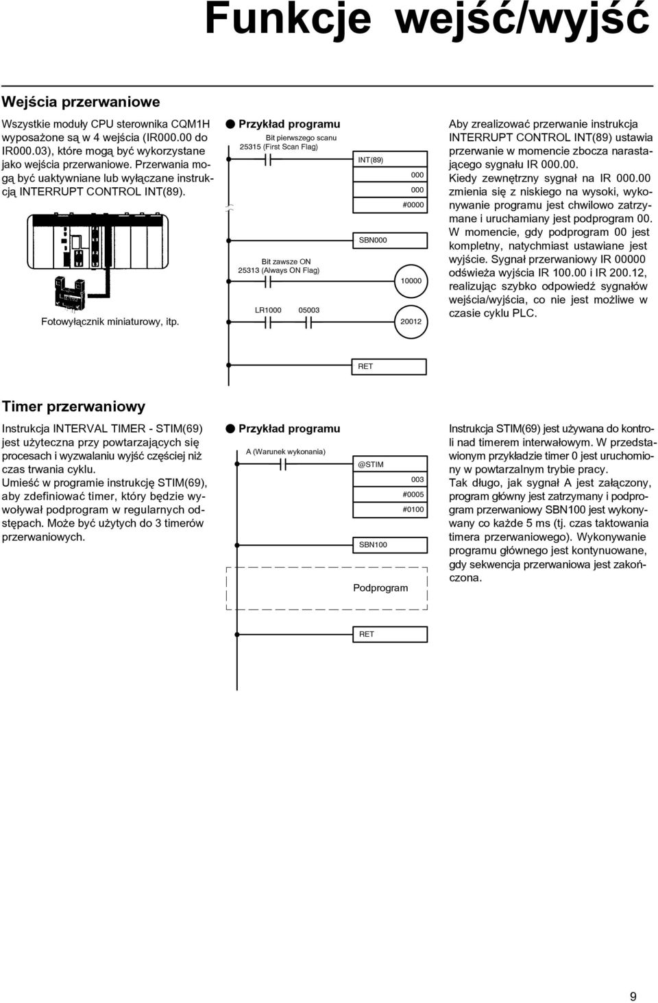 Przyk³ad programu Bit pierwszego scanu Bit zawsze ON Aby zrealizowaæ przerwanie instrukcja INTERRUPT CONTROL INT(89) ustawia przerwanie w momencie zbocza narastaj¹cego sygna³u IR 000