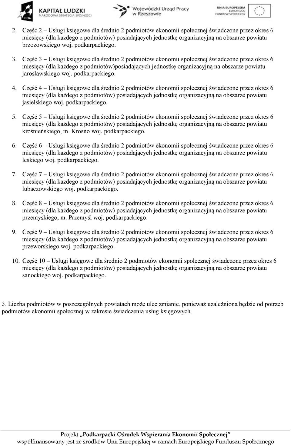 woj. podkarpackiego. 4. Część 4 Usługi księgowe dla średnio 2 podmiotów ekonomii społecznej świadczone przez okres 6 jasielskiego woj. podkarpackiego. 5.