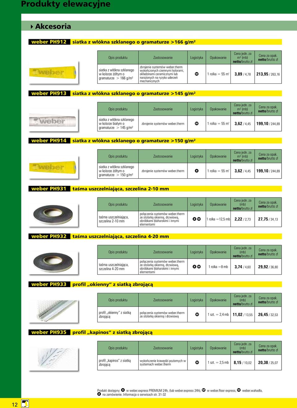 za m² (mb) 1 rolka = 55 m ² 3,89 / 4,78 213,95 / 263,16 weber PH913 siatka z włókna szklanego o gramaturze >145 g/m² Opis produktu Zastosowanie Logistyka Opakowanie Cena jedn.