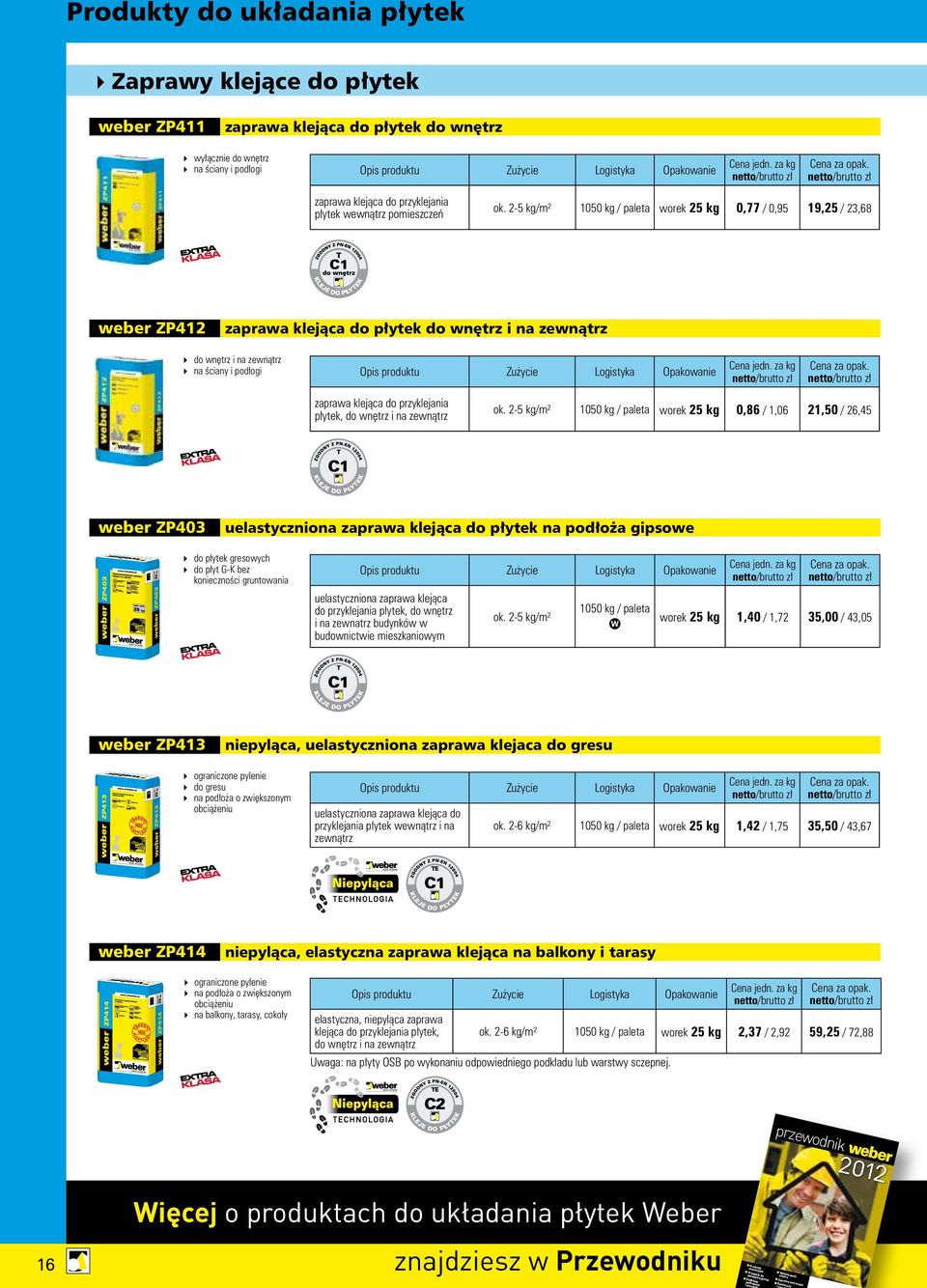 2-5 kg/m² 1050 kg / paleta worek 25 kg 0,77 / 0,95 19,25 / 23,68 weber ZP412 zaprawa klejąca do płytek do wnętrz i na zewnątrz do wnętrz i na zewnątrz na ściany i podłogi zaprawa klejąca do