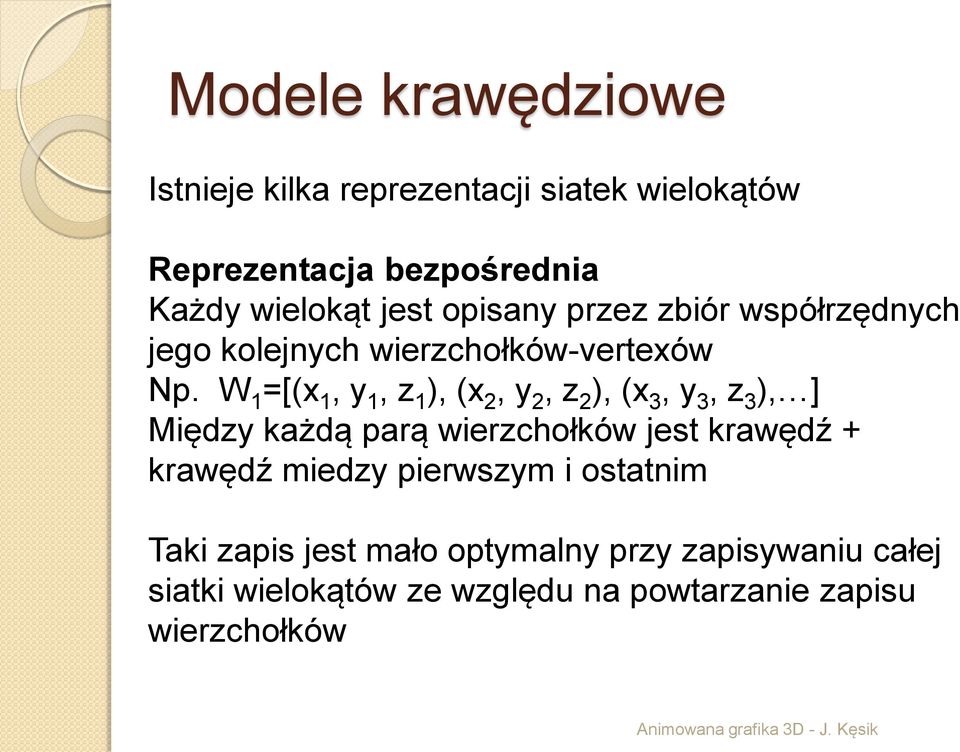 W 1 =[(x 1, y 1, z 1 ), (x 2, y 2, z 2 ), (x 3, y 3, z 3 ), ] Między każdą parą wierzchołków jest krawędź +