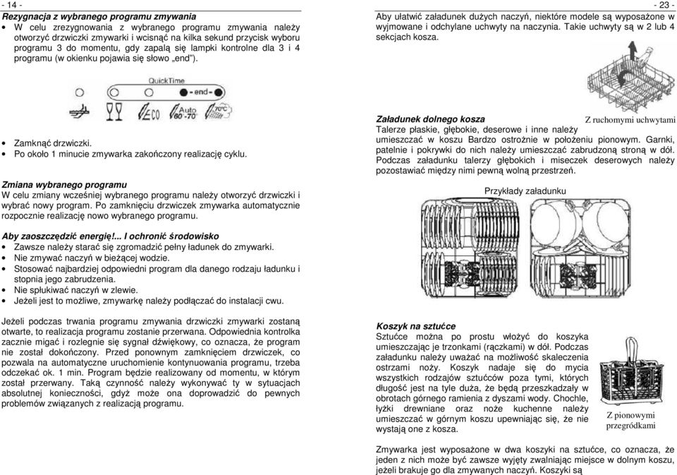 - 23 - Aby ułatwić załadunek duŝych naczyń, niektóre modele są wyposaŝone w wyjmowane i odchylane uchwyty na naczynia. Takie uchwyty są w 2 lub 4 sekcjach kosza. Zamknąć drzwiczki.