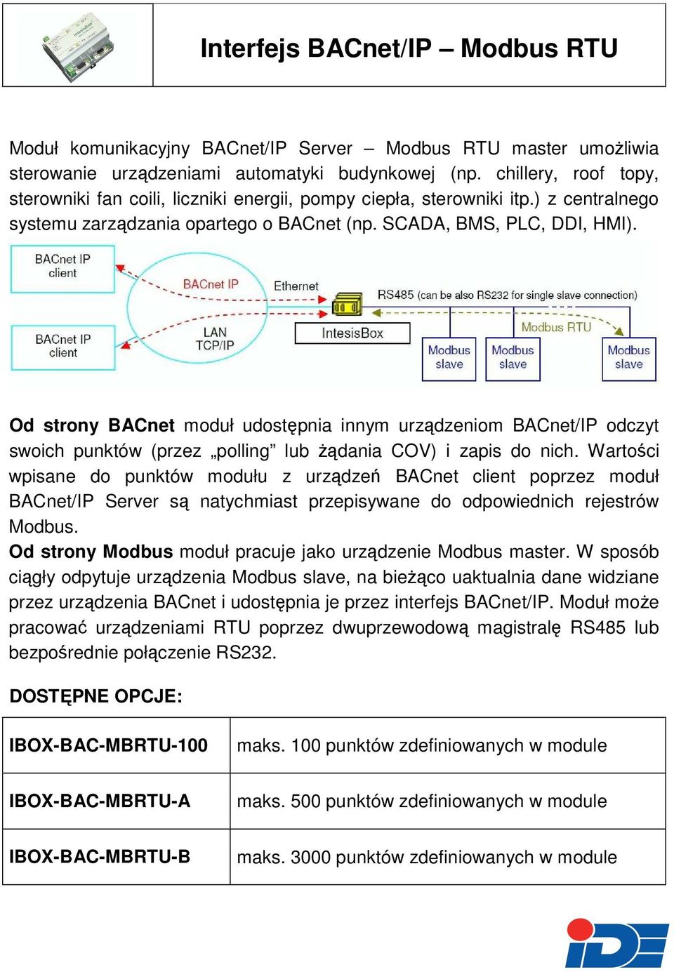 Od strony BACnet moduł udostępnia innym urządzeniom BACnet/IP odczyt swoich punktów (przez polling lub Ŝądania COV) i zapis do nich.