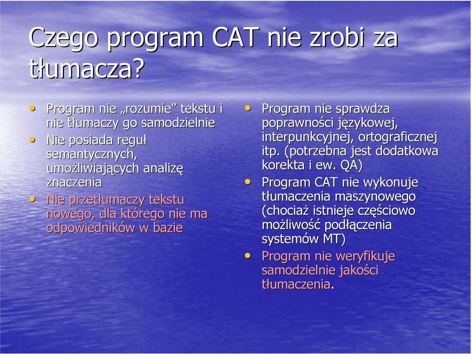 przetłumaczy tekstu nowego, dla którego nie ma odpowiedników w w bazie Program nie sprawdza poprawności językowej, j interpunkcyjnej,