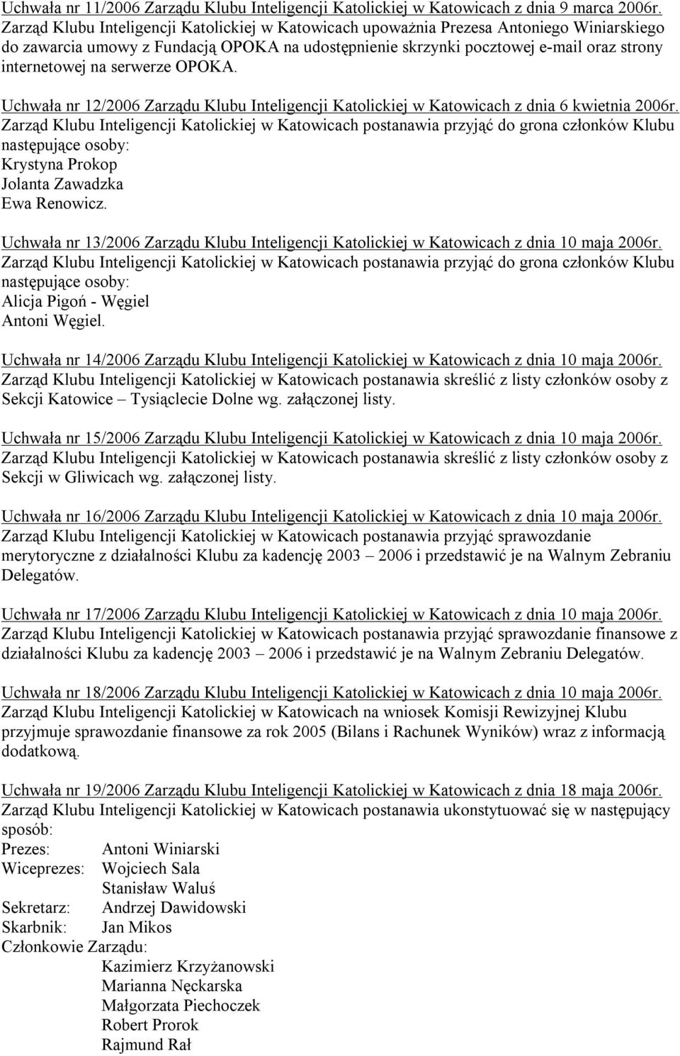 serwerze OPOKA. Uchwała nr 12/2006 Zarządu Klubu Inteligencji Katolickiej w Katowicach z dnia 6 kwietnia 2006r.