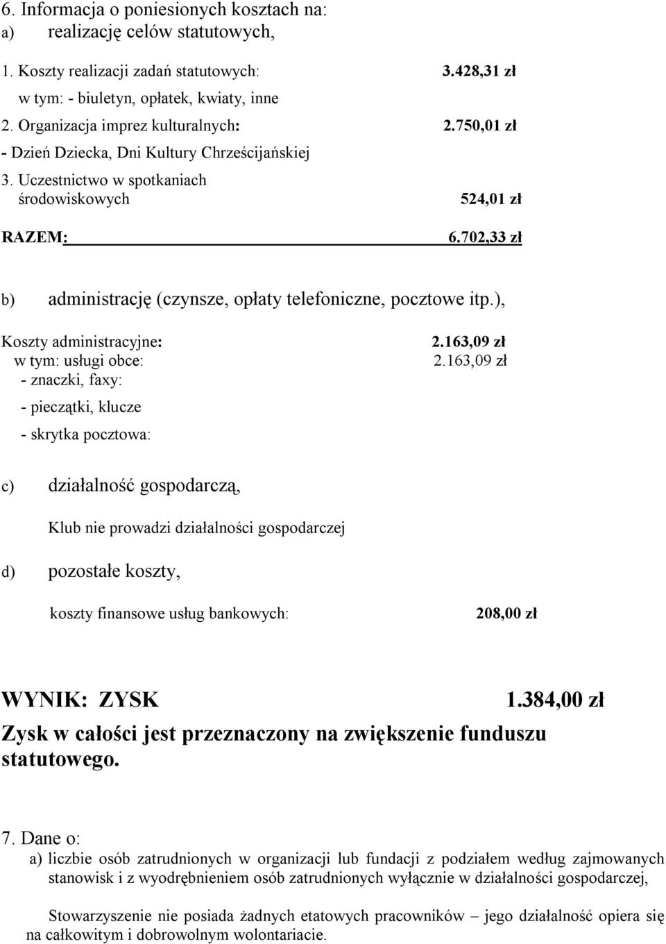 702,33 zł b) administrację (czynsze, opłaty telefoniczne, pocztowe itp.), Koszty administracyjne: w tym: usługi obce: - znaczki, faxy: - pieczątki, klucze - skrytka pocztowa: 2.163,09 zł 2.