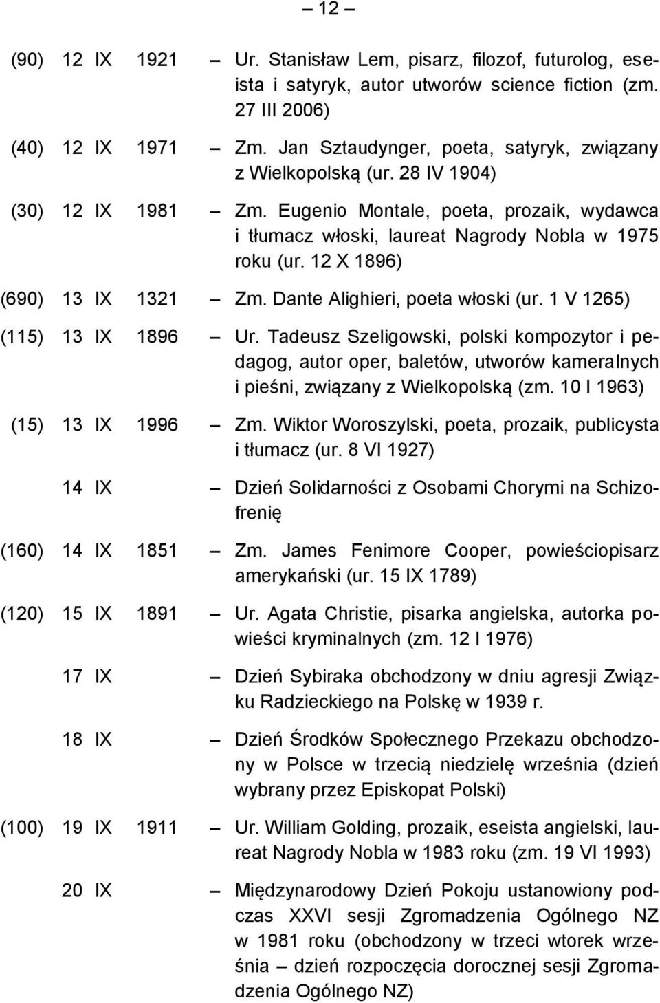 12 X 1896) (690) 13 IX 1321 Zm. Dante Alighieri, poeta włoski (ur. 1 V 1265) (115) 13 IX 1896 Ur.